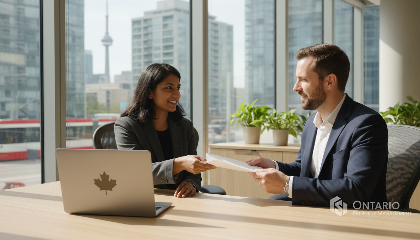 Diverse professionals exchanging a face-down document with a closed laptop nearby in a bright modern office with a view of Canadian urban elements.