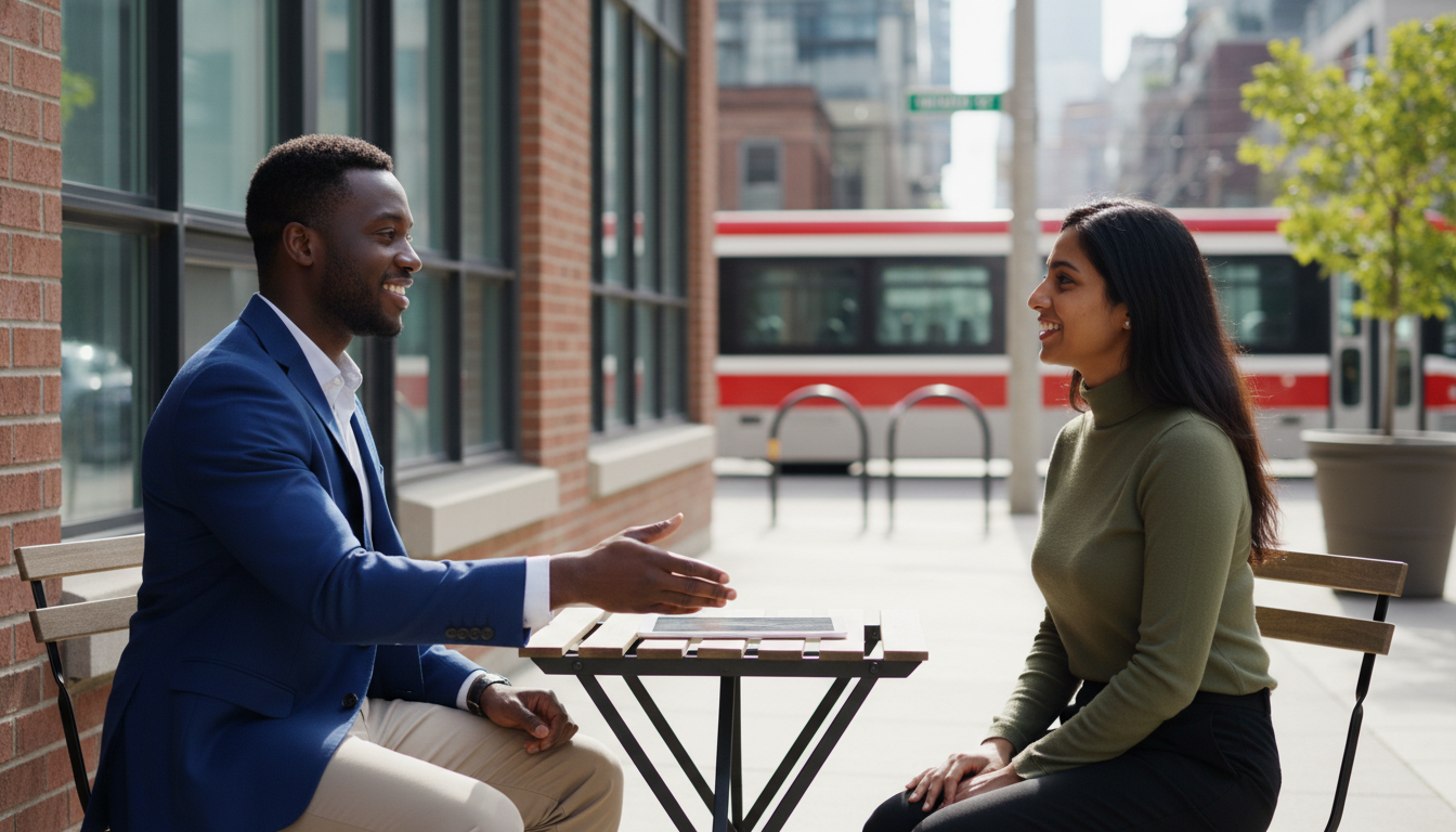 A diverse landlord and tenant outside a brick apartment building, exchanging a face-down document with a handshake, symbolizing digital lease management.
