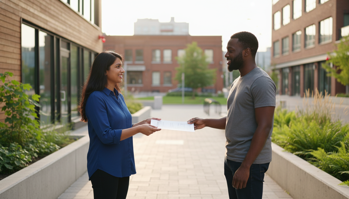 Landlord handing a face-down maintenance request form to a tenant outside a modern apartment building in Toronto under warm afternoon light.