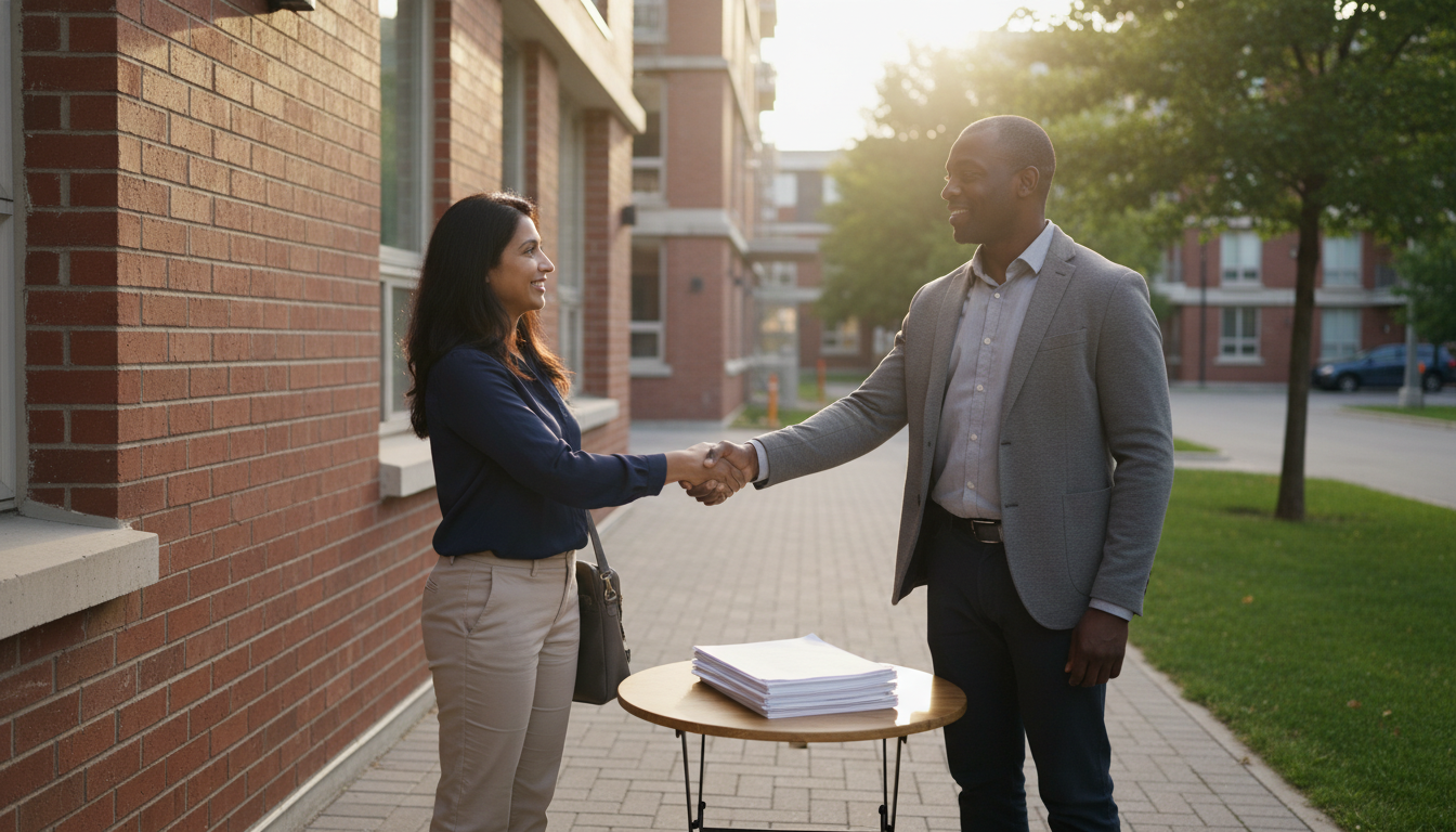Diverse individuals shaking hands outside a modern apartment building with face-down documents on a table in natural light