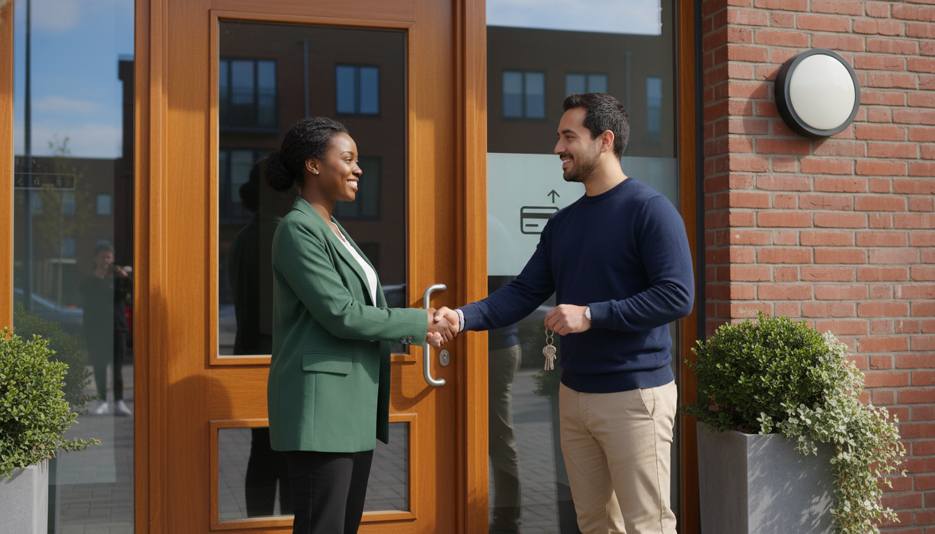 Diverse landlord and tenant shaking hands in front of a modern brick apartment building with clear, clean architecture under bright natural light.