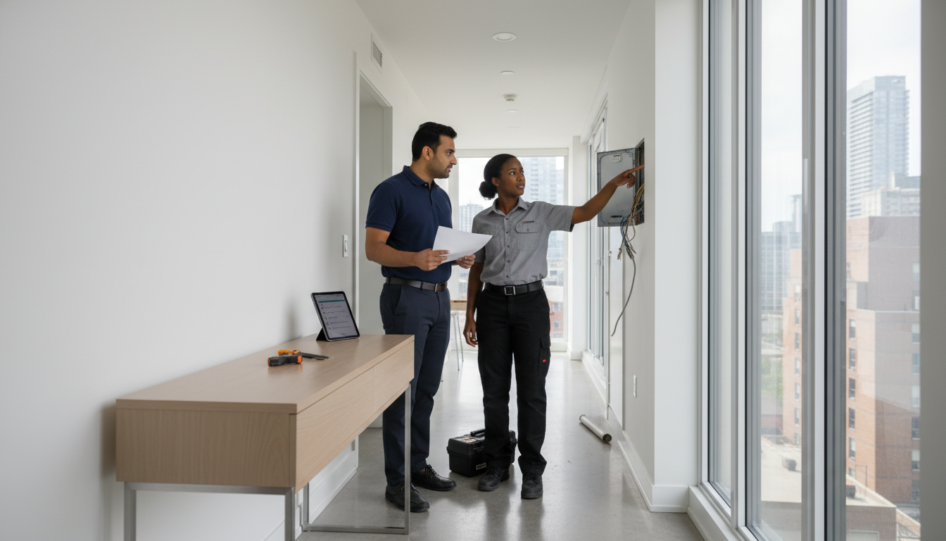 A diverse landlord and maintenance worker in a modern Toronto apartment hallway discussing a face-down document with visible repair work in progress in the background.