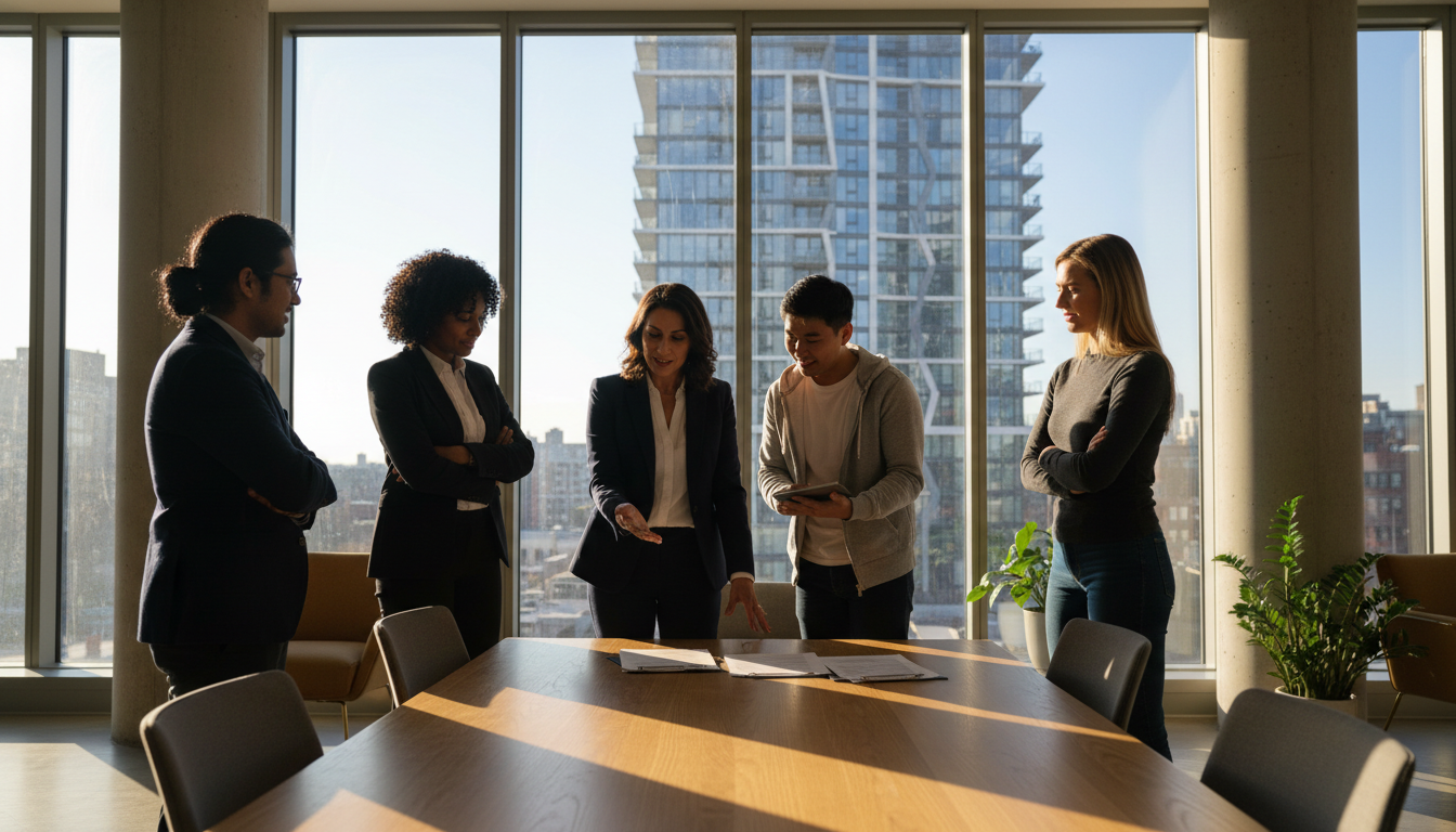 A professional meeting in a modern office with diverse property managers reviewing printed documents and a view of a modern Toronto apartment building in the background.