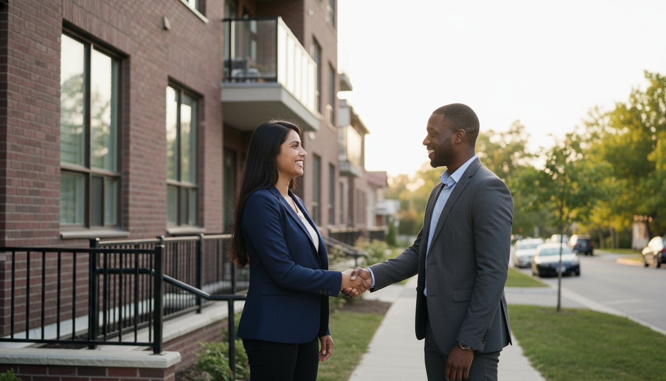 Two diverse individuals shaking hands in front of a Canadian apartment building under natural light.