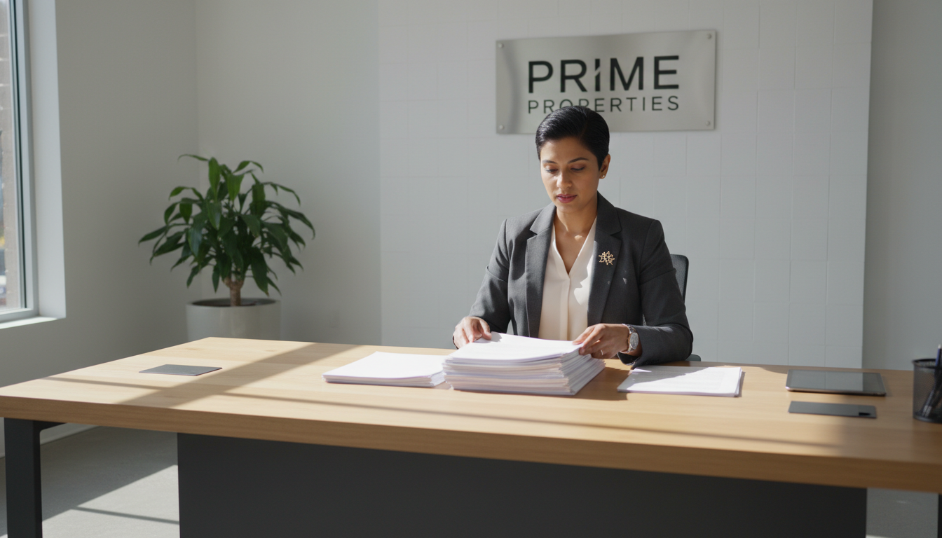 A diverse property manager reviewing face-down documents on a wooden desk in a bright modern office.
