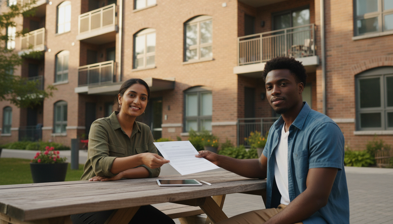 A diverse landlord and tenant meeting outdoors, exchanging a face-down paper document near a modern brick apartment building under warm lighting.