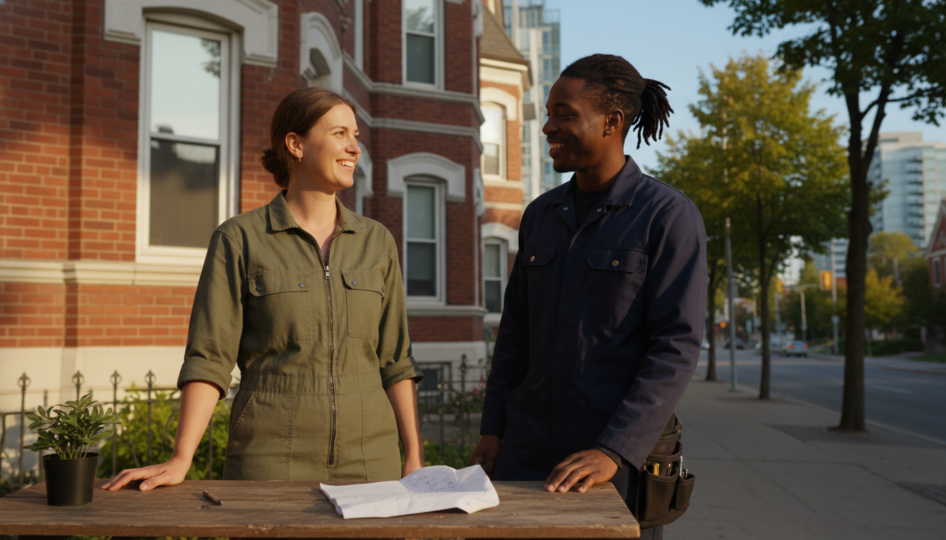 Diverse landlord and tenant talking outside a brick apartment building with a face-down document on a table under warm natural light