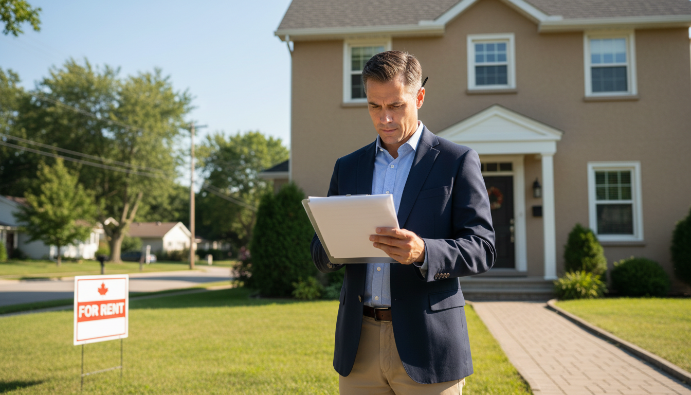 Canadian landlord reviewing tenant applications in front of a rental property